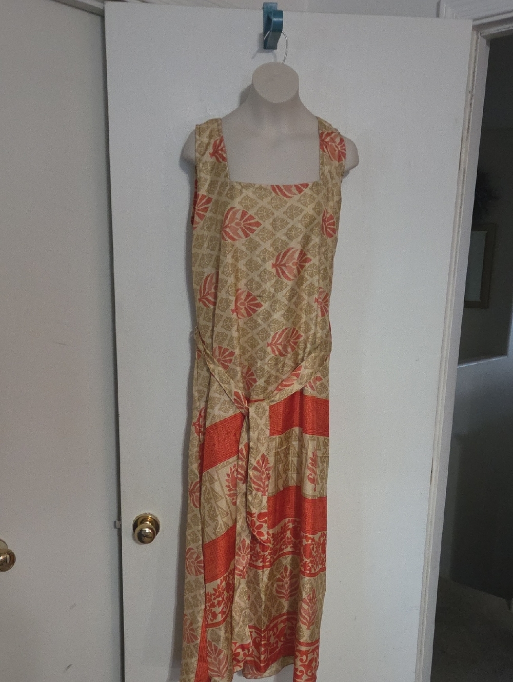 Sleeveless Beige and Coral Midi Dress with Square Neck